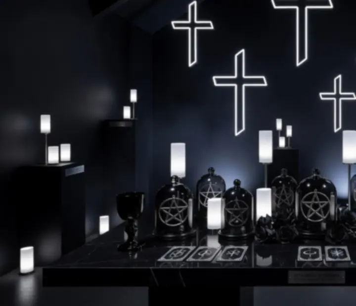 Okultně-gothic dekorace s neonovými prvky a temným fialovým světlem